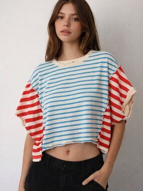 Peach Love California Striped Cropped Tee - Blue, Red & Cream